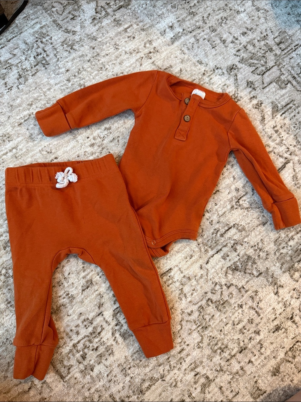 Long-Sleeve Rust Henley Baby One-Piece Bodysuit with Matching Pants